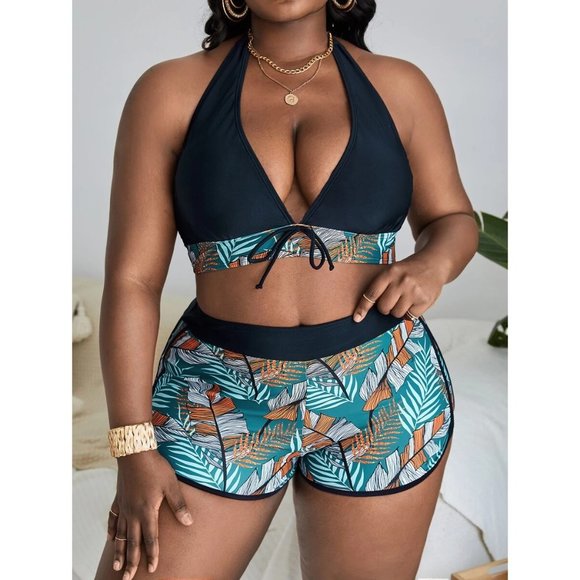 High Waisted Tropical Swimsuit W/Beach Shorts 1XL - Picture 2 of 5